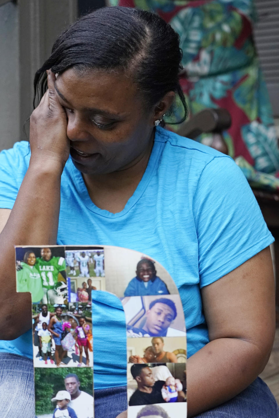 Tammie Townsend tears up as she speaks about her eldest son, Willie Jones Jr., 21, and the incident where he was found hanging from a tree in his girlfriend's Scott County yard three years ago, Tuesday, April 27, 2021, while at his grandmother's home in Forest, Miss. A Hinds County judge recently awarded the family $11 million in a civil suit related to his death. (AP Photo/Rogelio V. Solis)