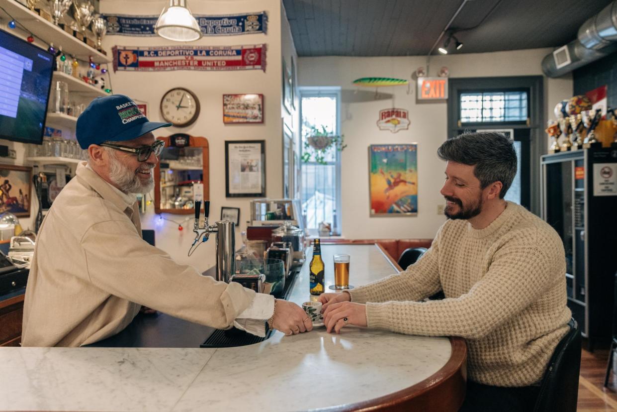 <span>The Guardian’s Adam Gabbatt at Goose Barnacle in Brooklyn with David Alperin, the shop/bar’s owner.</span><span>Photograph: Jeenah Moon/The Guardian</span>