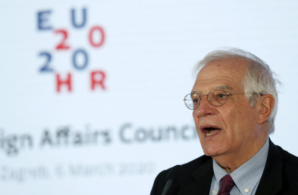 European foreign policy chief Josep Borrell speaks during a press conference after a EU foreign affairs council in Zagreb, Croatia, Friday, March 6, 2020. EU foreign affairs ministers were meeting in the Croatian capital Zagreb on Friday to discuss the escalating migrant crisis on Turkey-Greece border. (AP Photo/Darko Vojinovic)