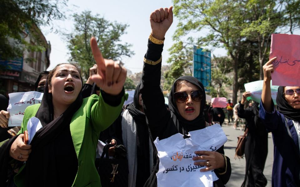 The women shouted 'bread, work, freedom' as they marched through Afghanistan's capital of Kabul on Saturday - Nava Jamshidi 