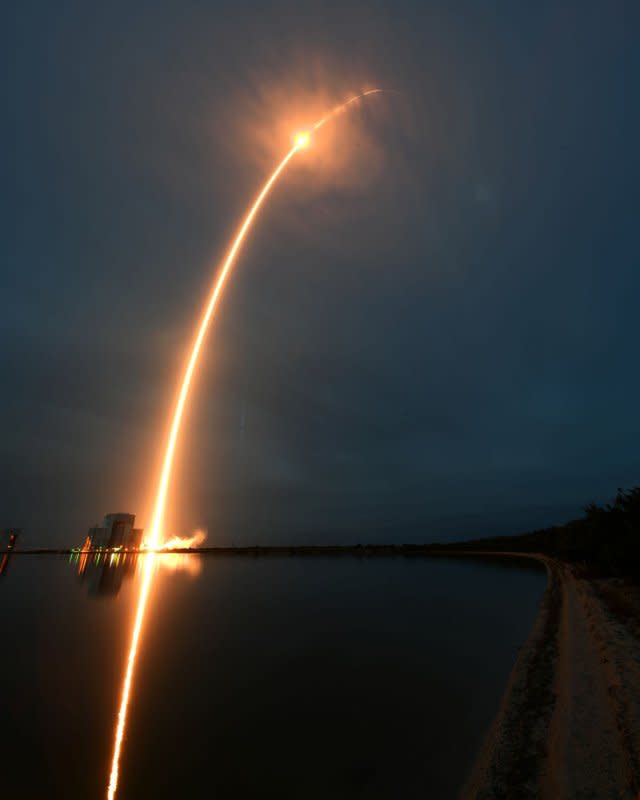 Timed exposure of the SpaceX Falcon 9 rocket as it launches the Ovzon 3 satellite for the Swedish Internet provider from Launch Complex 40 at 6:04 p.m. from the Cape Canaveral Space Force Station, Fla., on Wednesday. Photo by Joe Marino/UPI