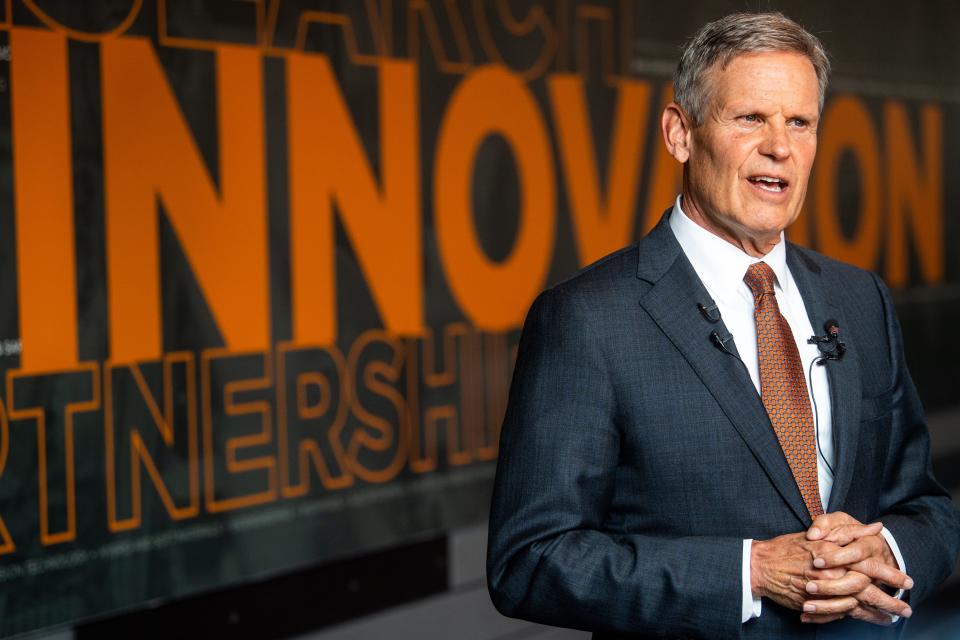 Tennessee Gov. Bill Lee speaks with the media after signing an executive order creating the Tennessee Nuclear Energy Advisory Council during an event at the Zeanah Engineering Complex on the University of Tennessee's campus in Knoxville on Tuesday, May 16, 2023.