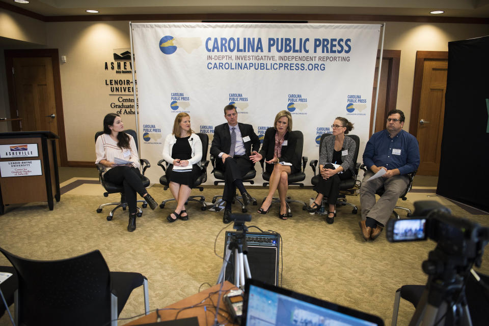 HuffPost staffer Meredith Melnick (left) speak to panelists Jacqueline Sitton, Steve Heatherly, Lucretia Stargell, Dr. Beth Buys and Frank Taylor during the "Women's Health &amp; Rural Hospitals" event at Lenoir-Rhyne University's Center for Graduate Studies&nbsp;in Asheville.