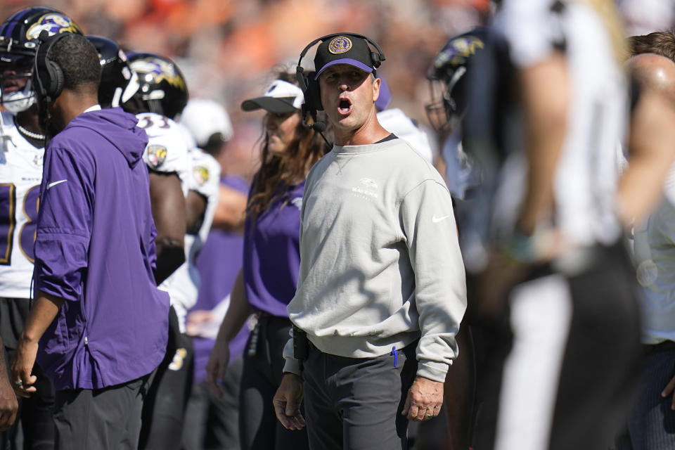 Baltimore Ravens head coach John Harbaugh reacts during the first half of an NFL football game against the Cleveland Browns, Sunday, Oct. 1, 2023, in Cleveland. (AP Photo/Sue Ogrocki)