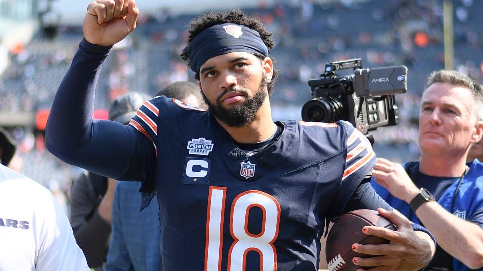 Chicago Bears quarterback Caleb Williams celebrates after a game