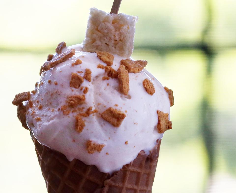 A close-up of Golden Graham  ice cream . Tess Sullivan and Kelly Ireland consider it their signature flavor at Tizzy K's.