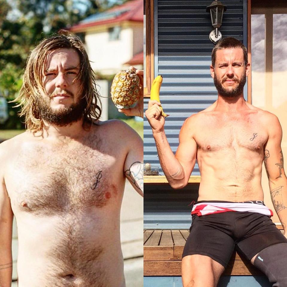 A composite image of Para-rowing silver medallist and amputee Jed Altschwager in 2014 (left) and 2017 (right) showing his improved health and fitness