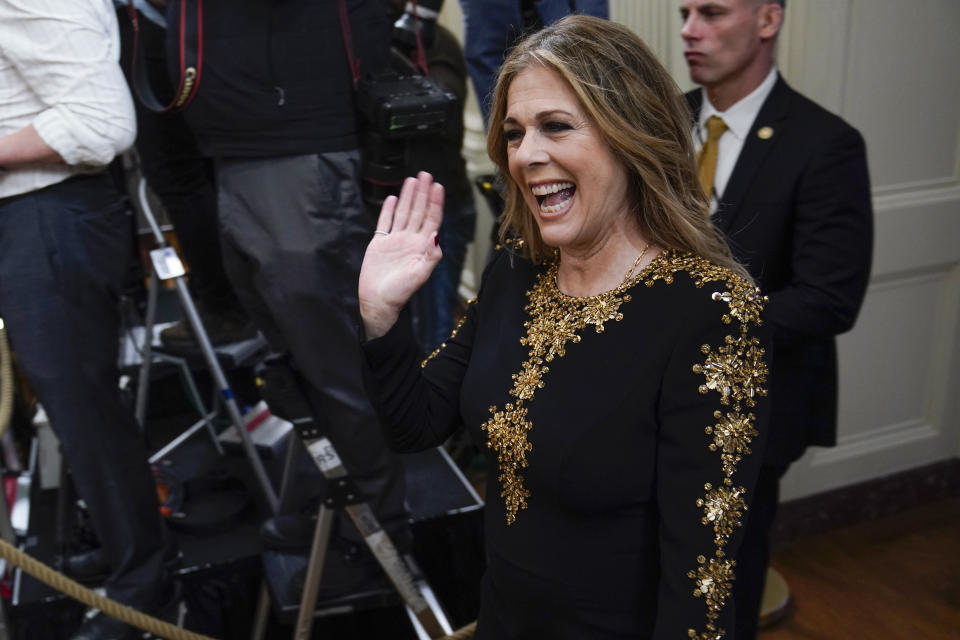 Rita Wilson arrives to perform at a reception in the East Room of the White House in Washington, Wednesday, March 29, 2023, celebrating Greek Independence Day. (AP Photo/Susan Walsh)
