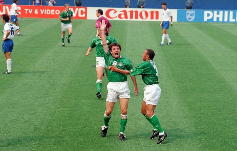 Ray Houghton reacts with delight after scoring against Italy at USA 94.