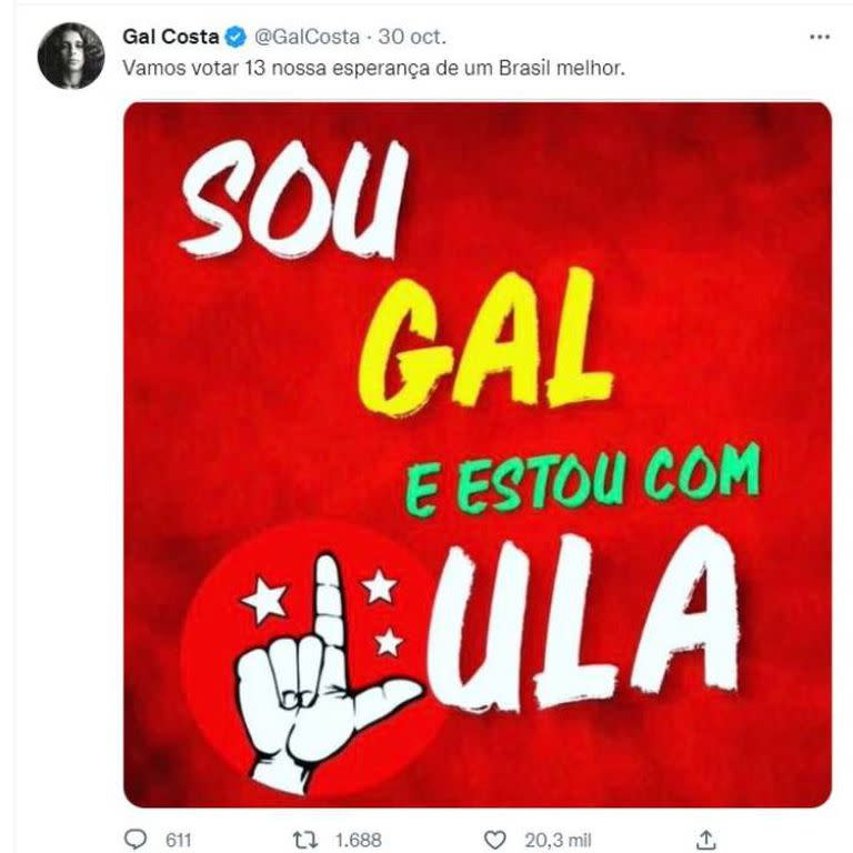 El apoyo de Gal Costa a Lula da Silva fue explícito en las presentaciones públicas y en las redes sociales de la cantante