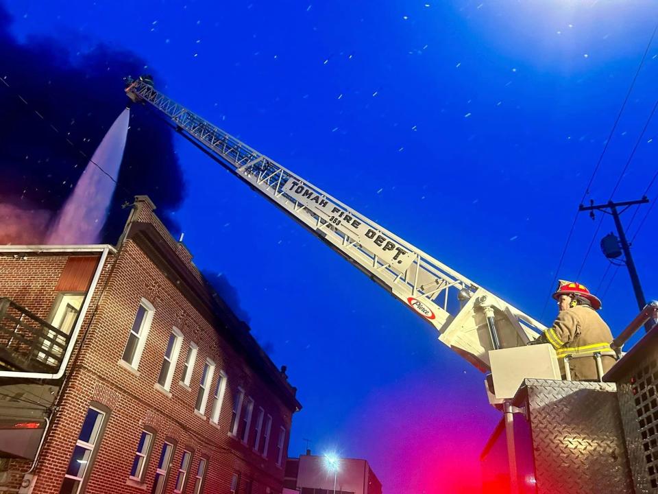 Firefighters battle a blaze in downtown Tomah for nine hours the evening of Feb. 23, 2024.