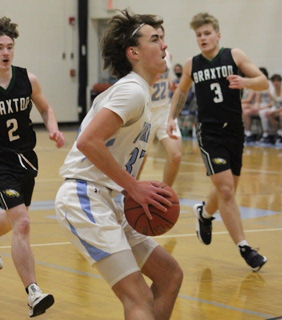 Cam Lynch of Frankfort prepares to shoot against Braxton County. Lynch scored 23 points in the contest, by Braxton County prevailed 76-66 in the game.