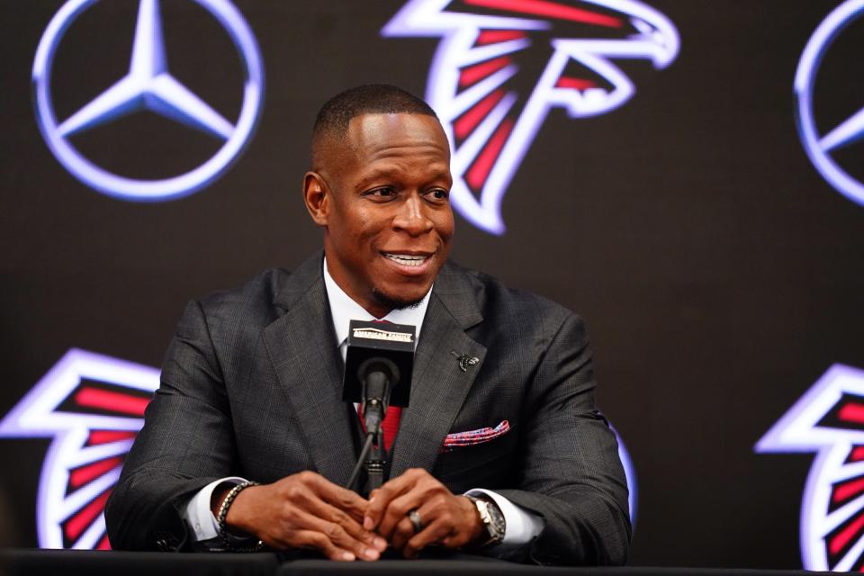 Raheem Morris was introduced as the new head coach of the Atlanta Falcons on Feb. 5, 2024. He takes over a team that finished 7-10 last season.