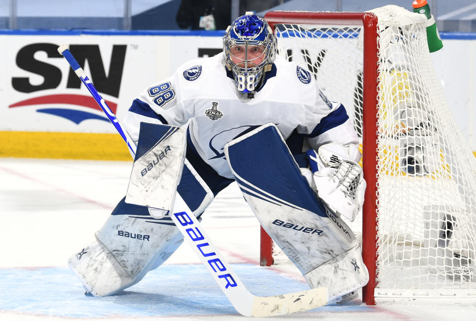 EDMONTON, ALBERTA - SEPTEMBER 23: Goaltender Andrei Vasilevskiy #88 of the Tampa Bay Lightning defends his net in the third period of Game Three of the NHL Stanley Cup Final between the Tampa Bay Lightning and the Dallas Stars at Rogers Place on September 23, 2020 in Edmonton, Alberta, Canada. (Photo by Andy Devlin/NHLI via Getty Images)