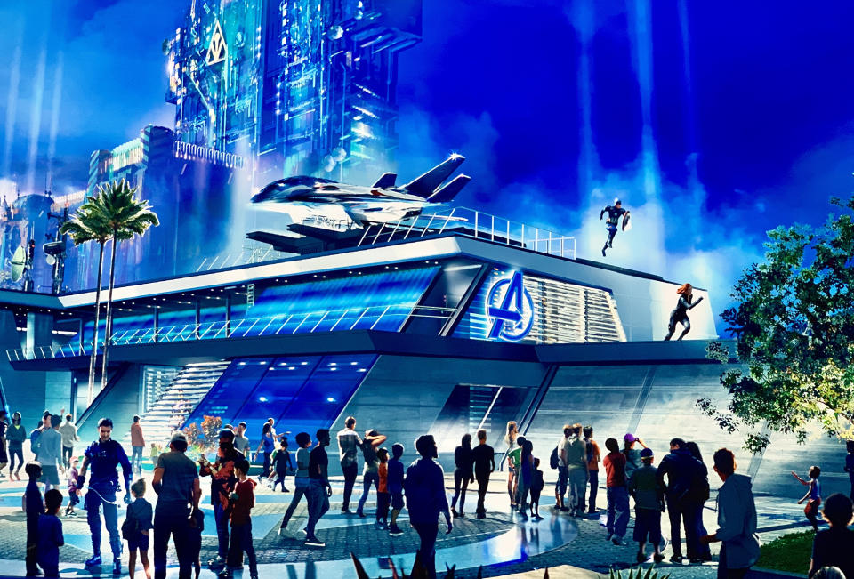 ANAHEIM, CA - AUGUST 22: Rendering of Disney California  Adventure"u2019s upcoming Marvel-themed land named Avengers Campus during a media preview at the D23 Expo in Anaheim, CA, on Thursday, Aug. 22, 2019."n(Photo by Jeff Gritchen/MediaNews Group/Orange County Register via Getty Images)