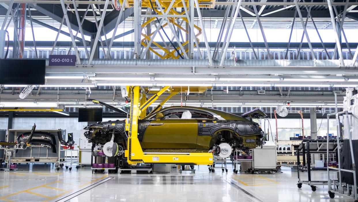 an in-production car on the assembly line