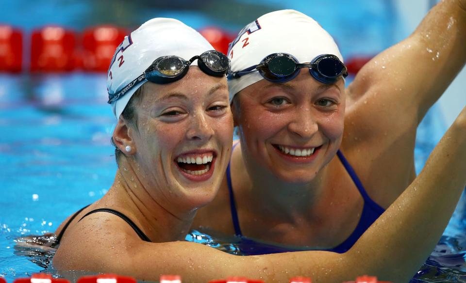 Kukors with her teammate, Allison Schmitt, during a training session ahead of the London Olympic Games on July 24, 2012. (Photo: Al Bello via Getty Images)