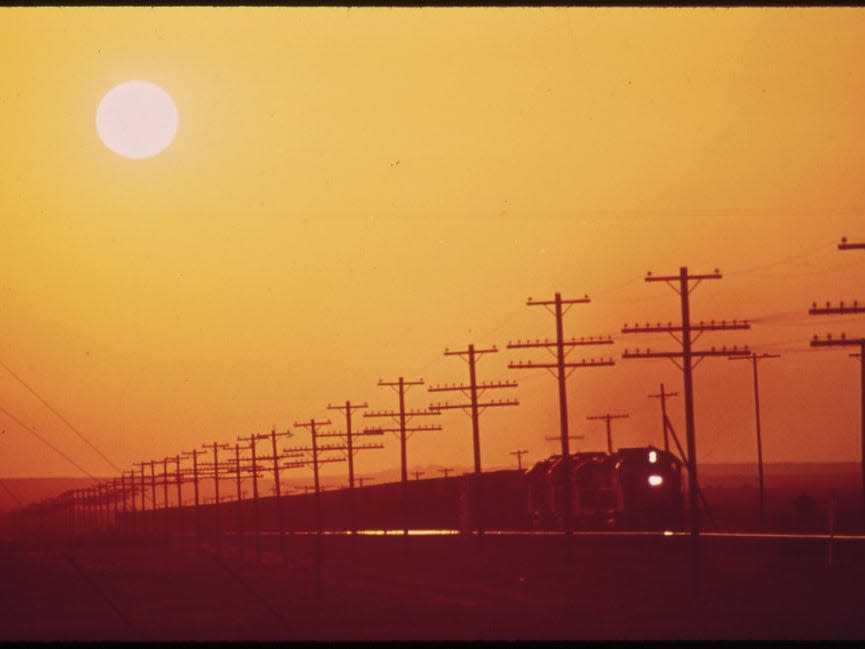 Los Angeles sun above a railroad near the Salton Sea.