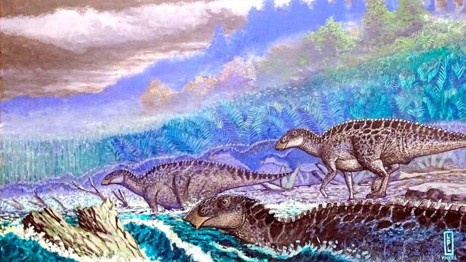 A group of hadrosaurs roam a field an a blue landscape in another reconstruction