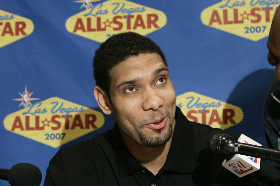 FILE - San Antonio Spurs' Tim Duncan speaks to the media during a news conference for NBA All-Star weekend in Las Vegas, in this Friday, Feb. 16, 2007, file photo. Kobe Bryant, Tim Duncan and Kevin Garnett. Each was an NBA champion, an MVP, an Olympic gold medalist, annual locks for All-Star and All-Defensive teams. And now, the ultimate honor comes their way: On Saturday night, May 15, 2021, in Uncasville, Connecticut, they all officially become members of the Naismith Memorial Basketball Hall of Fame. (AP Photo/Kevork Djansezian, File)
