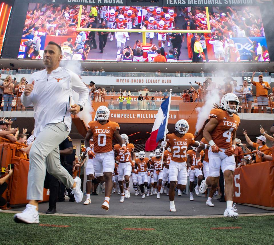 Texas head coach Steve Sarkisian, left, is 14-12 in his first 26 games with the Longhorns, who play No. 3 Alabama on Saturday in Tuscaloosa. So far in the Sarkisian era, Texas is 3-5 vs. Top 25 teams and 0-3 vs. top-10 teams.