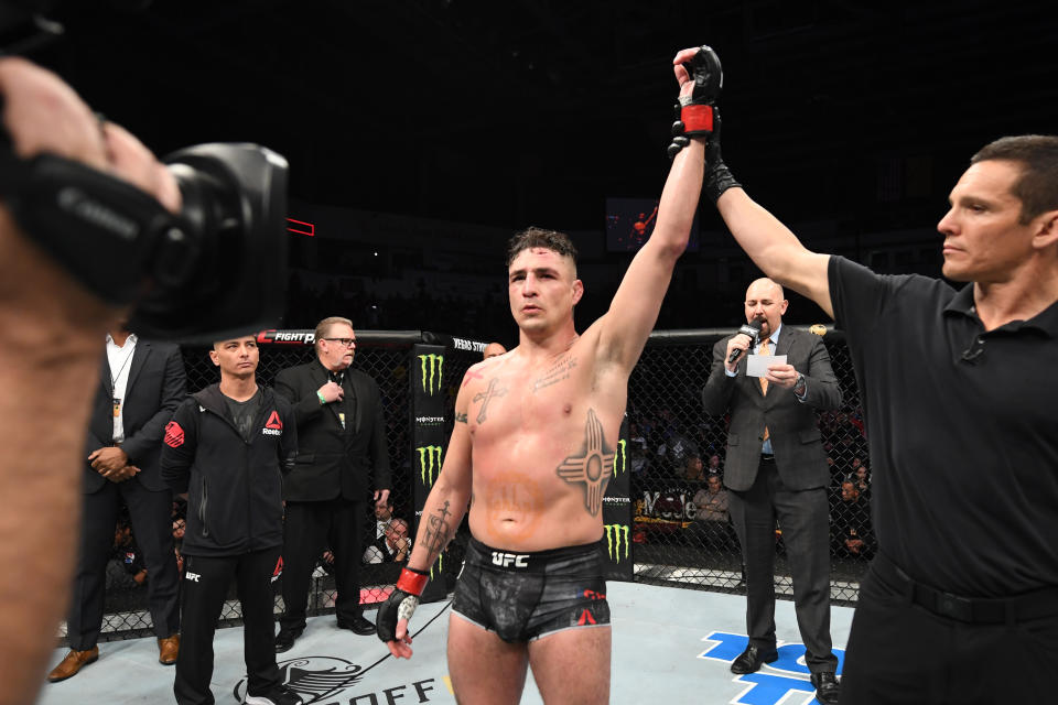 RIO RANCHO, NEW MEXICO - FEBRUARY 15:  Diego Sanchez is declared the winner after Michel Pereira is disqualified for an illegal knee in their welterweight bout during the UFC Fight Night event at Santa Ana Star Center on February 15, 2020 in Rio Rancho, New Mexico. (Photo by Josh Hedges/Zuffa LLC via Getty Images)