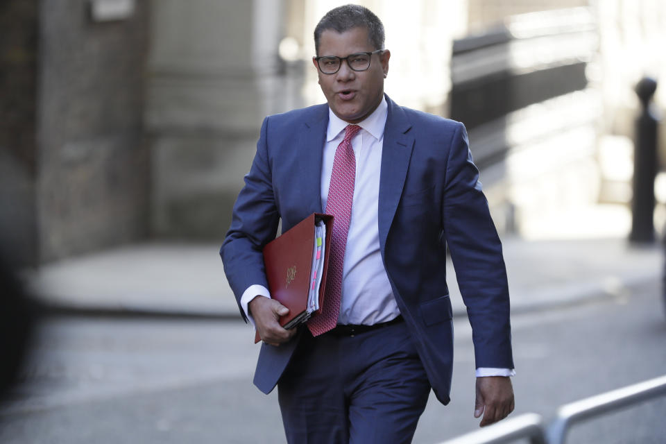 Alok Sharma Britain's Secretary of State for Business, Energy and Industrial Strategy walks through Downing Street to attend a cabinet meeting in London, Tuesday, Sept. 1, 2020. Britain's Parliament resumes Tuesday following the summer break. (AP Photo/Kirsty Wigglesworth)