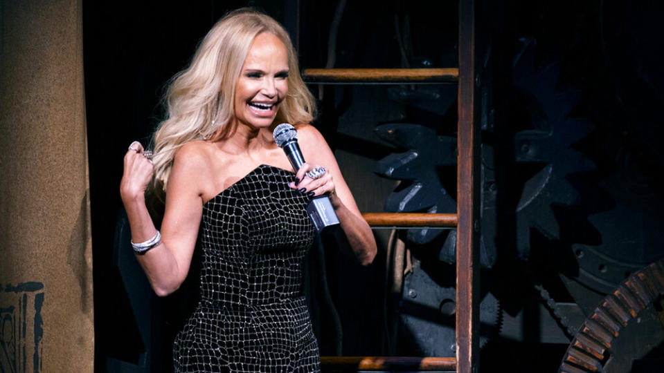 Actress Kristin Chenoweth gives the curtain speech on the stage of “Wicked” at the Gershwin Theatre Tuesday, Sept. 14, 2021, in New York. The show opened today after being closed due to Covid-19 concerns in early 2020. (AP Photo/Craig Ruttle) - Credit: AP