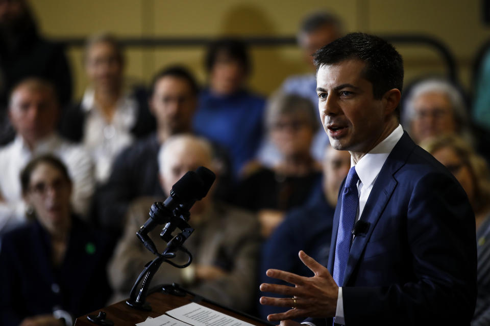 Democratic presidential candidate former South Bend, Ind., Mayor Pete Buttigieg speaks during a campaign event, Monday, Feb. 24, 2020, in North Charleston, S.C. (AP Photo/Matt Rourke)