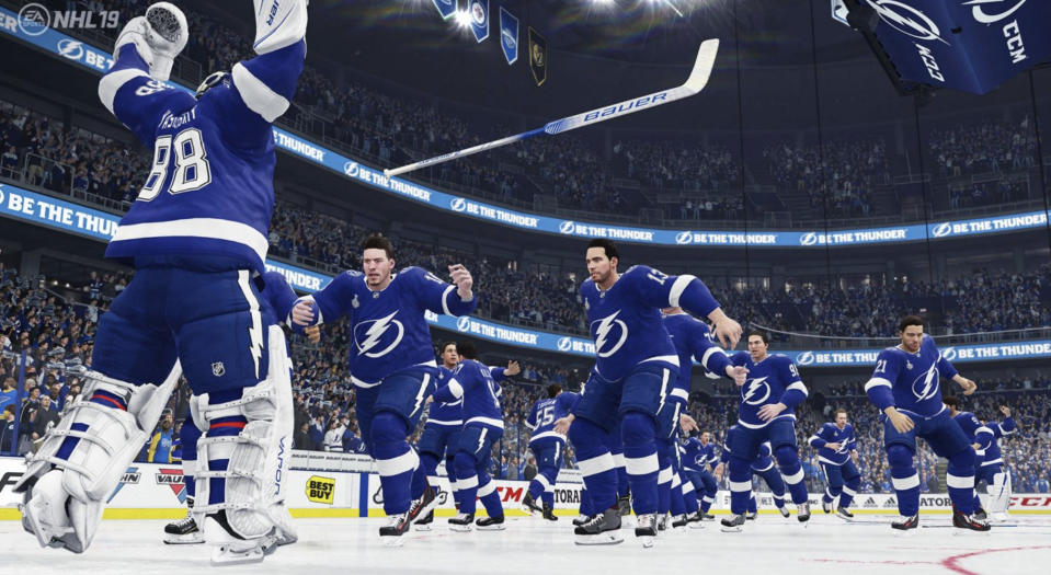 The Tampa Bay Lightning celebrate winning the Stanley Cup in this year’s EA Sports playoff simulation. (EA Sports//NHL 19)