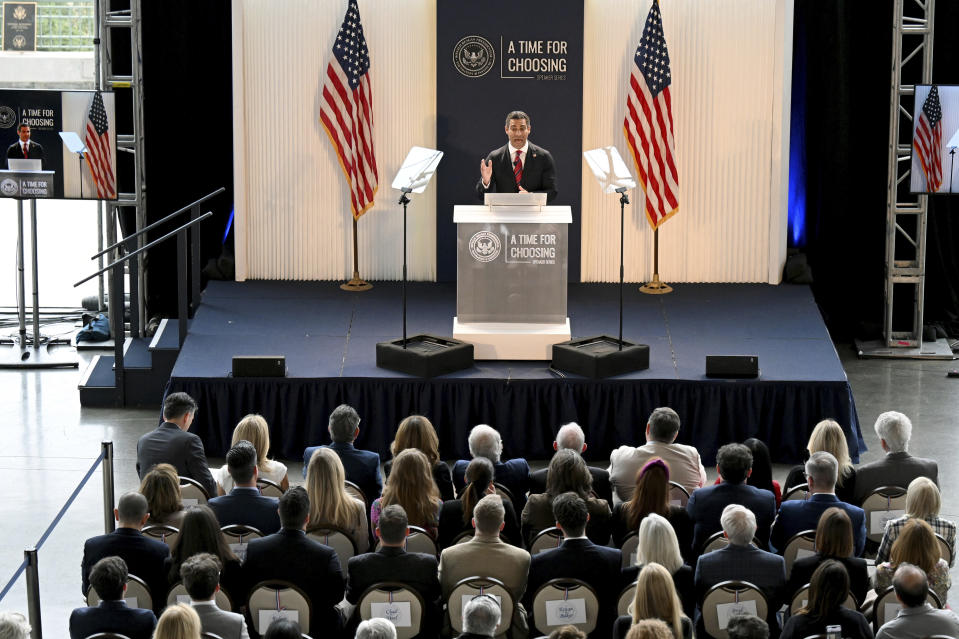 Miami Mayor Francis Suarez speaks at the "Time for Choosing" series at the Ronald Reagan Presidential Library Thursday, June 15, 2023, in Simi Valley, Calif. (AP Photo/Michael Owen Baker)