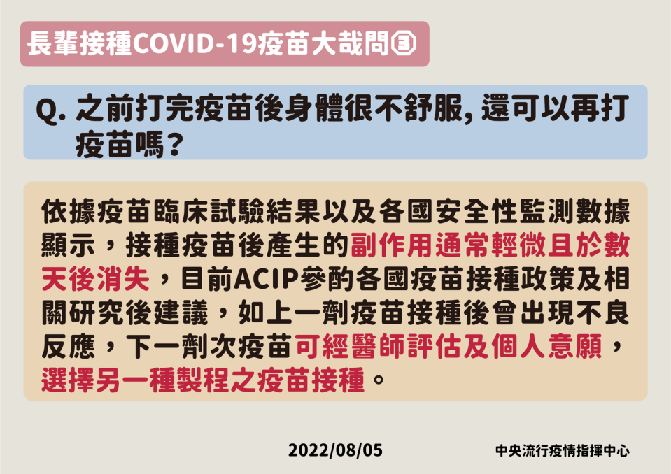 疫苗相關QA：打完疫苗不舒服，仍可續打   圖：中央流行疫情指揮中心/提供