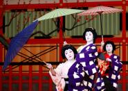 FILE PHOTO: Geishas, traditional Japanese female entertainers, perform their dance during a press preview of the annual Azuma Odori Dance Festival in Tokyo