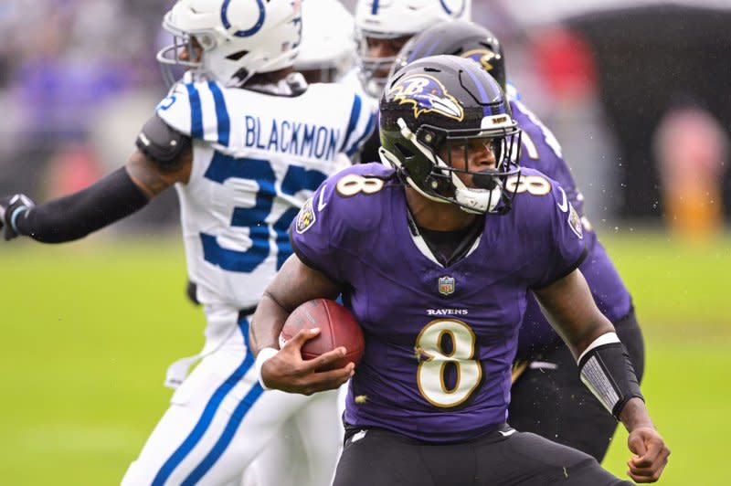 Baltimore Ravens quarterback Lamar Jackson runs for a touchdown against the Indianapolis Colts on Sunday at M&T Bank Stadium in Baltimore. Photo by David Tulis/UPI