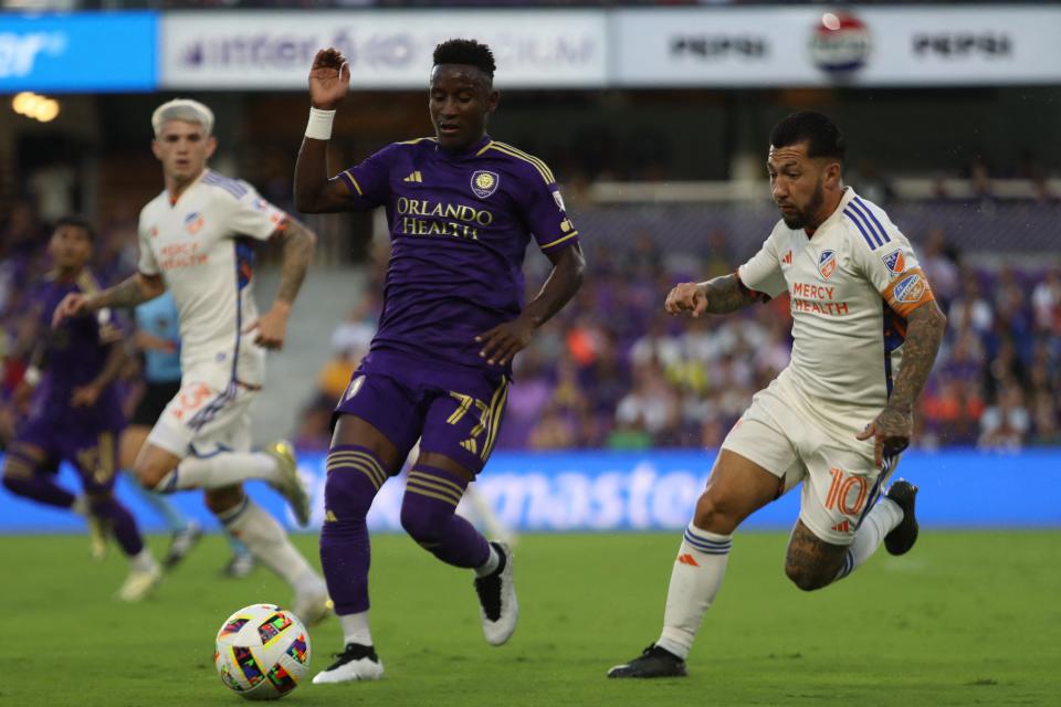 Luciano Ascosta, right, scored only 17 seconds into FC Cincinnati's match at Orlando City Saturday night, a club record. The goal stood up in FCC's 1-0 victory that improved the record to 6-2-3 for 21 points in MLS play.