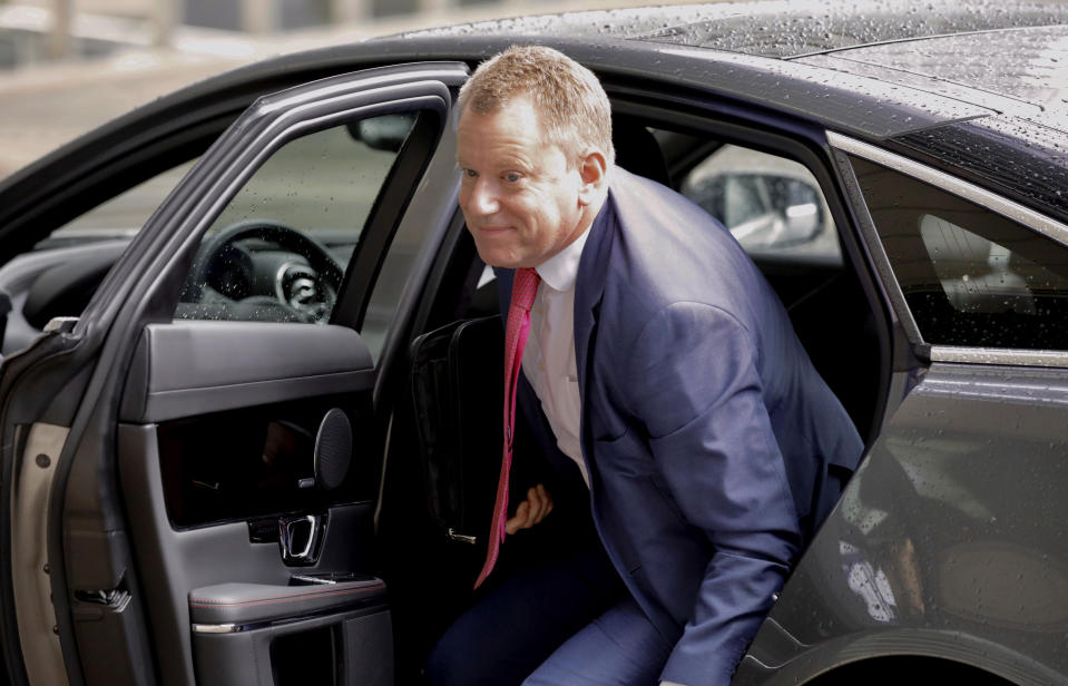 Britain's Brexit advisor David Frost arrives for a meeting with European Union chief Brexit negotiator Michel Barnier at EU headquarters in Brussels, Wednesday, Oct. 2, 2019. British Prime Minister Boris Johnson was due to send to Brussels what he says is the U.K.'s "final offer" for a Brexit deal, with the date set for Britain's departure less than a month away. (AP Photo/Olivier Matthys)