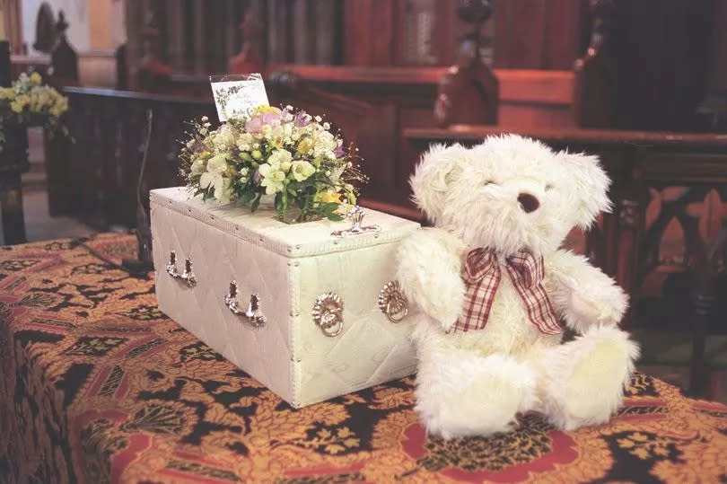 A photograph of Baby Callum's coffin in St Elphins Church, Warrington, for his funeral service