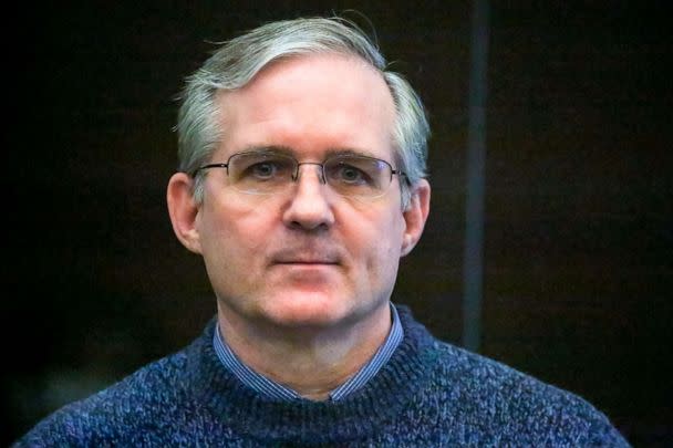 PHOTO: Paul Whelan, a former U.S. marine who was arrested for alleged spying, listens to the verdict in a courtroom at the Moscow City Court in Moscow, Russia, June 15, 2020. (Sofia Sandurskaya/Moscow News Agency via AP, FILE)