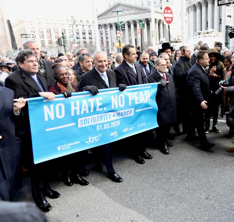 Elected officials were among the thousands of participants in the "No Hate, No Fear Solidarity March" in New York City on Sunday.