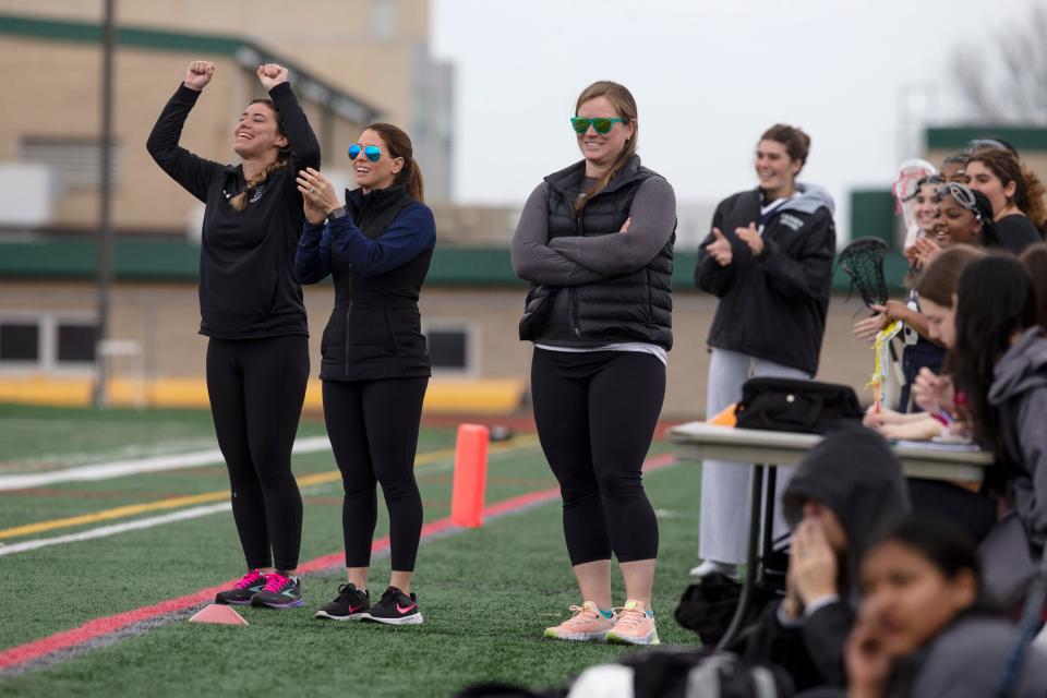 Ranney coaches Rachel Mullooly, 2nd from left, and Rachel Lasda, 3rd from left. Ranney vs Neptune girls lacrosse. 
Neptune, NJ
Thursday, April 11, 2024