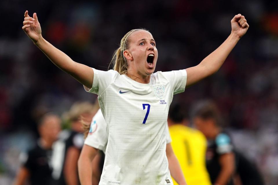 Beth Mead celebrates scoring a goal for England at Euro 2022 (Martin Rickett/PA). (PA Wire)