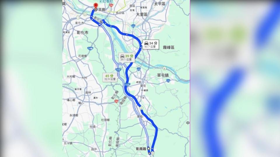 送煞路線從彰南路走環中路9段，沿新厝路段北上至烏日王田路段。（圖／翻攝自Google map）