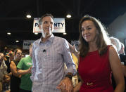 Tim Pawlenty stands with his wife, Mary, as he concedes his run for governor at his election night gathering at Granite City Food and Brewery, Tuesday, Aug. 14, 2018, in Eagan, Minn. (Glen Stubbe/Star Tribune via AP)