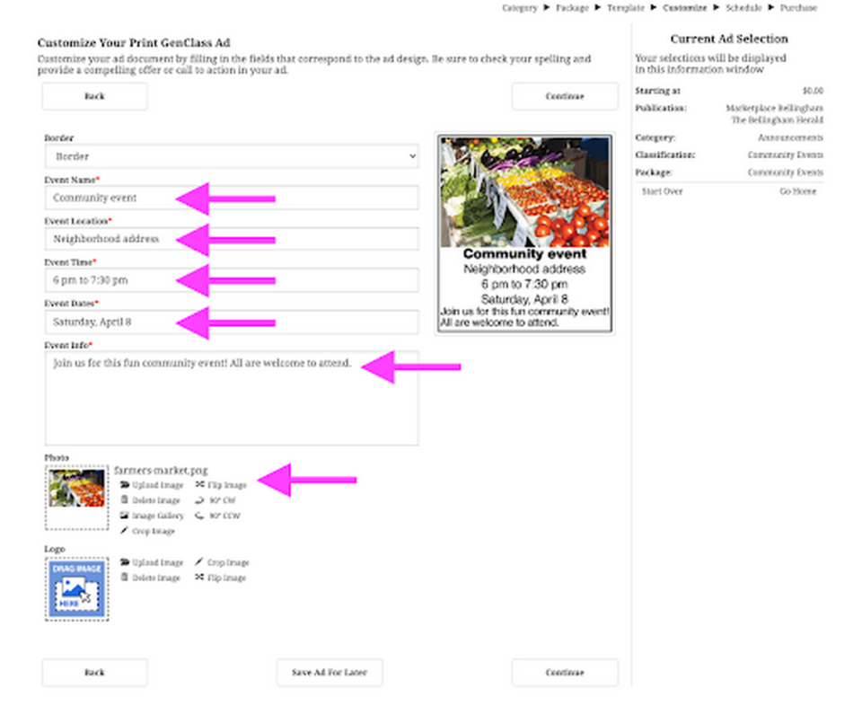  Next, fill out the form fields on the Print Ad Customization page to adjust how your notice will look in the newspaper.
