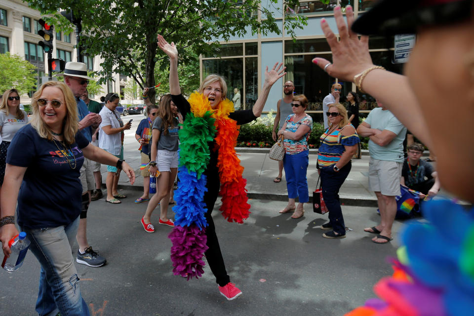 Sen. Elizabeth Warren (D-Mass.) marching in Boston's 48th Pride Parade on June 9, 2018. (Photo: Brian Snyder / Reuters)