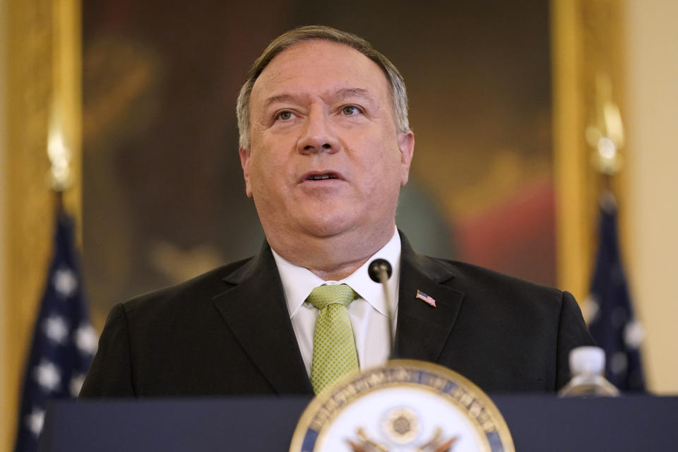 Secretary of State Mike Pompeo speaks during a news conference to announce the Trump administration's restoration of sanctions on Iran, Monday, Sept. 21, 2020, at the U.S. State Department in Washington. (AP Photo/Patrick Semansky)