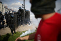 French riot police take position during clashes at a demonstration against the government's labour reforms in Nantes, France, September 21, 2017. REUTERS/Stephane Mahe