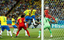 <p>Fernandinho (#17) has no idea what’s happening and concedes an unfortunate own goal from a Nacer Chadli corner </p>