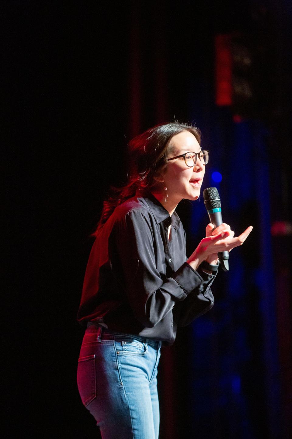 Joany Yi tells her story, Amen: How an Iowan&#x002019;s long-term stay in Macedonia taught her to focus on what happens now during the Des Moines Storytellers Project at Hoyt Sherman Place in Des Moines Tuesday, Feb. 25, 2020.