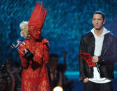 <p>From white lace to red, Gaga showed lace was a strong design feature for her at the 2009 MTV VMAs. Not sure that Eminem knew that it was her or perhaps how to take her dressed head to toe in red lace, including a face covering, crown and gloves, designed by the late Alexander McQueen.</p>